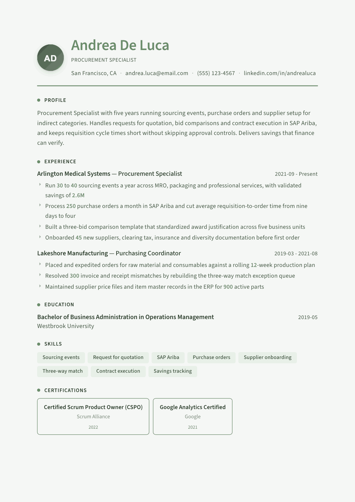 Procurement Specialist resume example, Sage Garden template