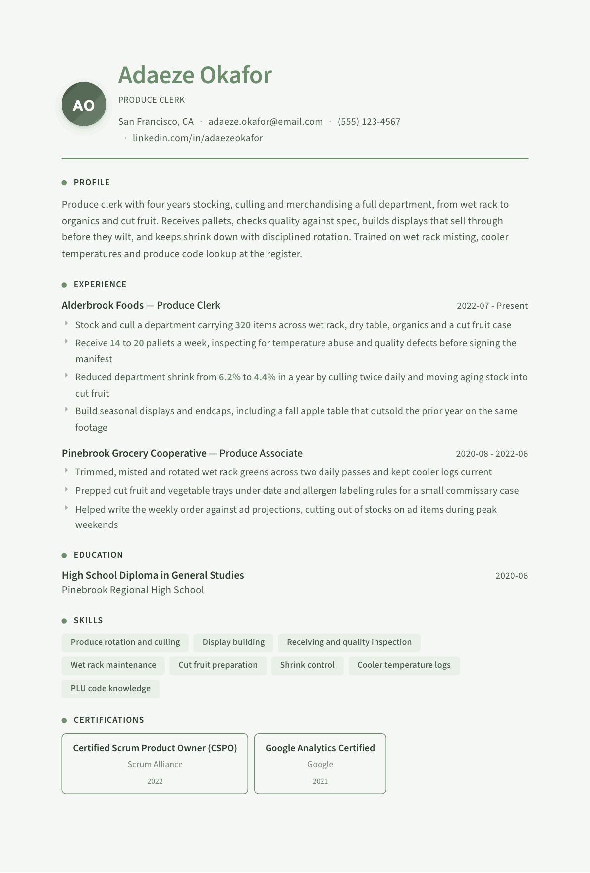 Produce Clerk resume example, Sage Garden template