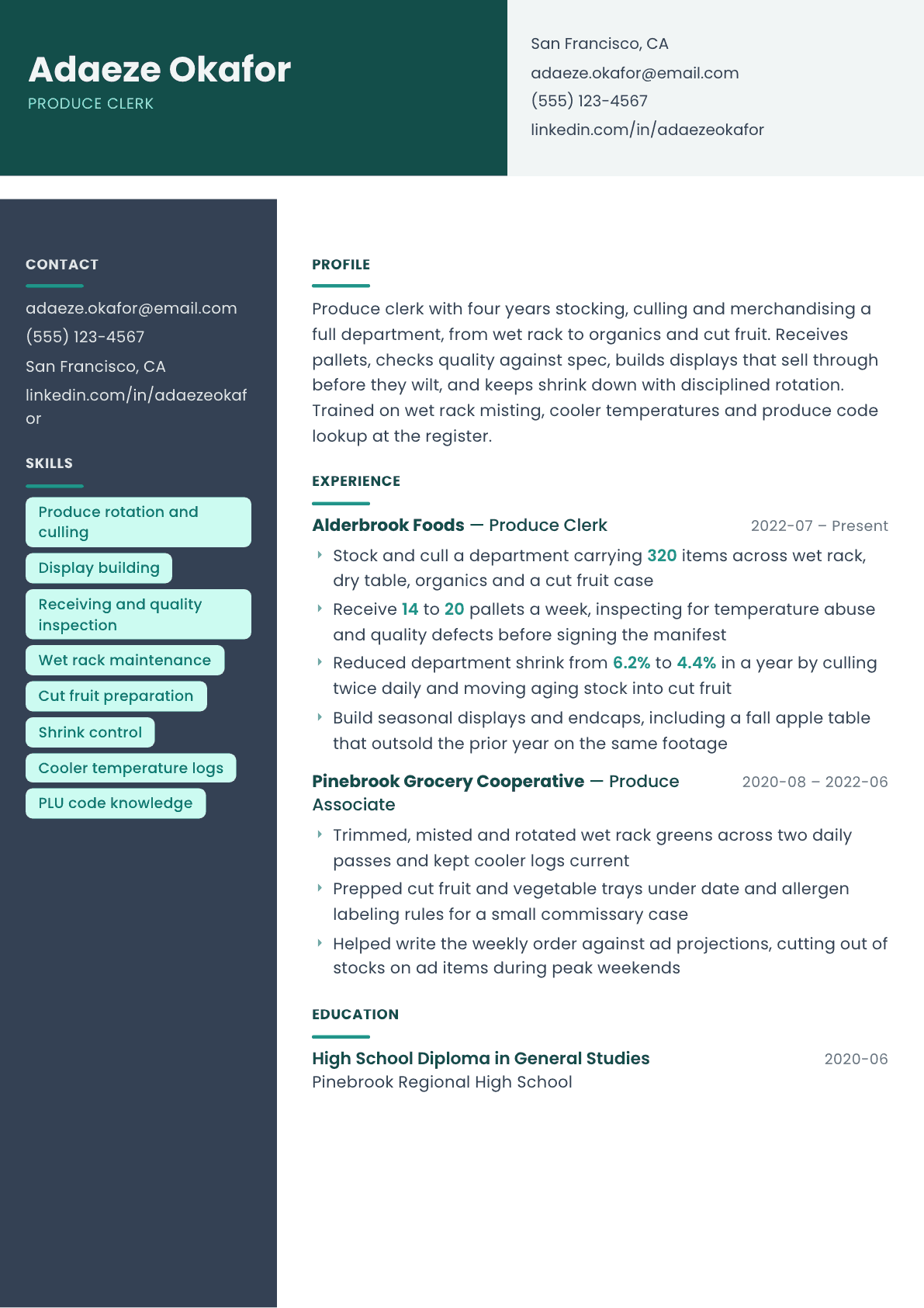 Produce Clerk resume example, Spectrum template