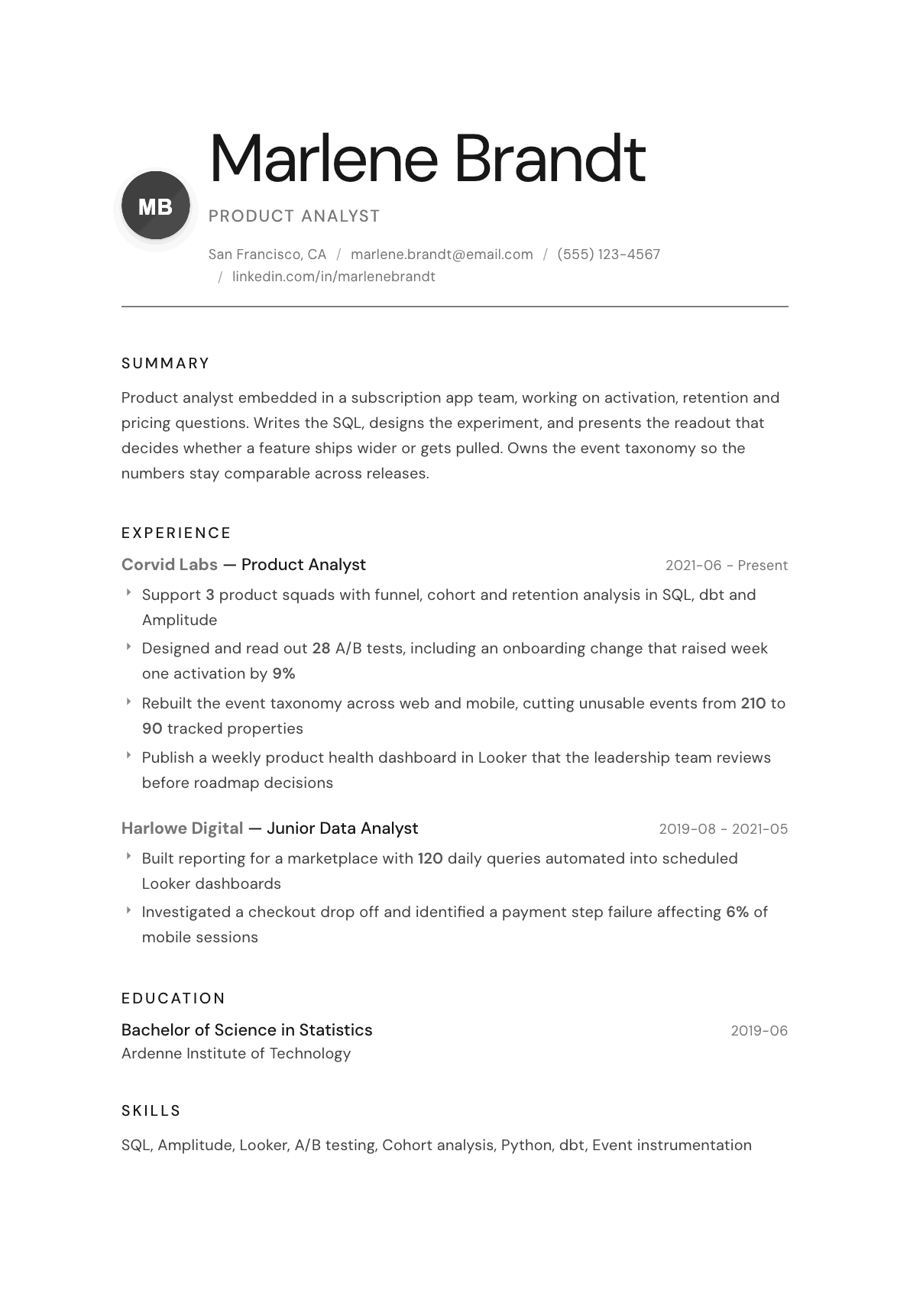 Product Analyst resume example, Whisper template