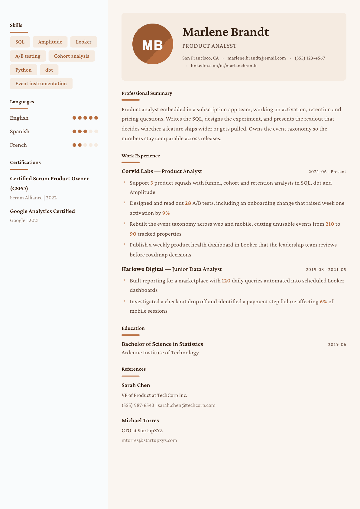 Product Analyst resume example, Lisbon template