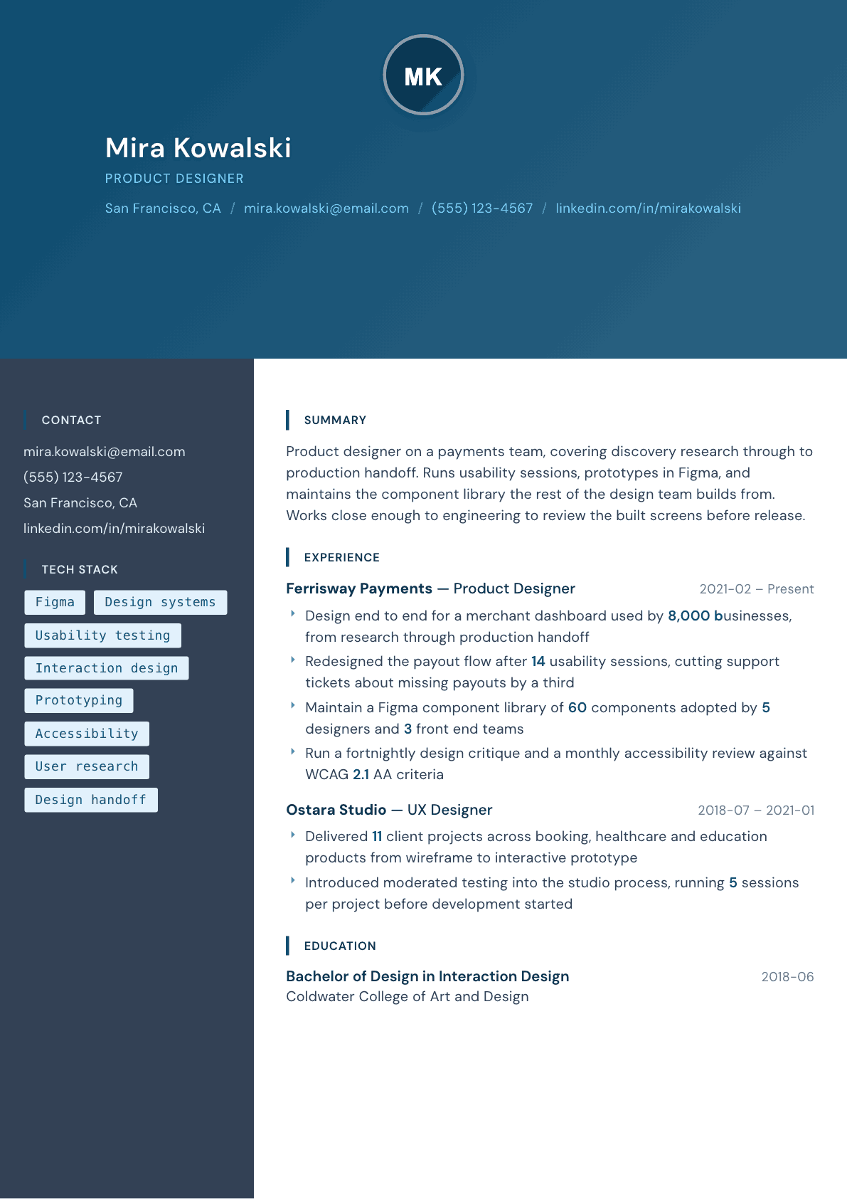Product Designer resume example, Prism template