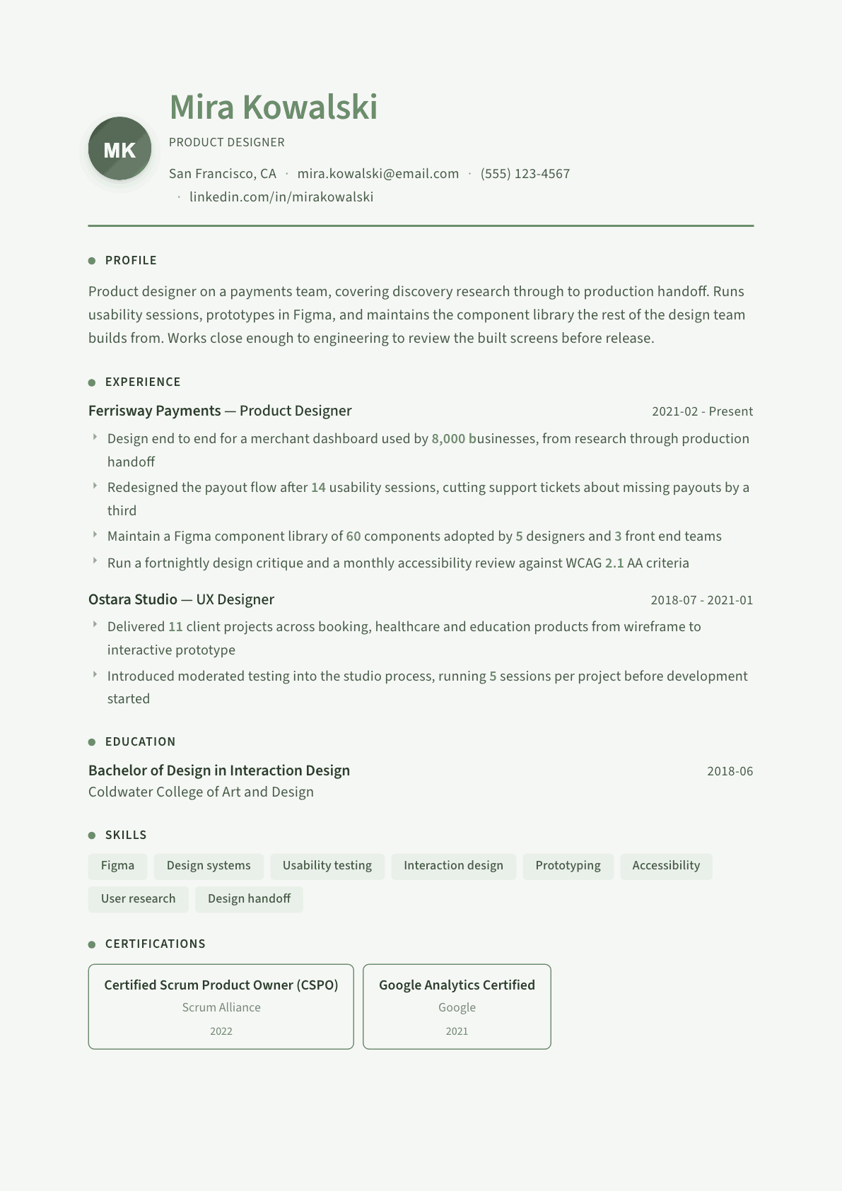 Product Designer resume example, Sage Garden template