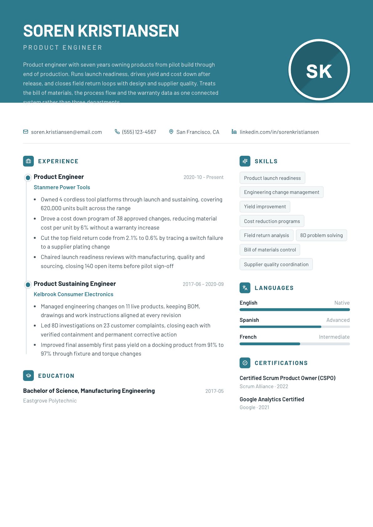 Product Engineer resume example, Harbor template