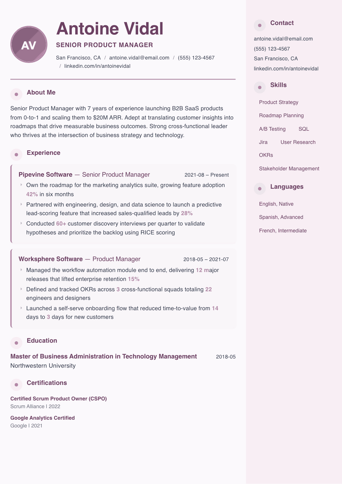 Product Manager resume example, Bloom template