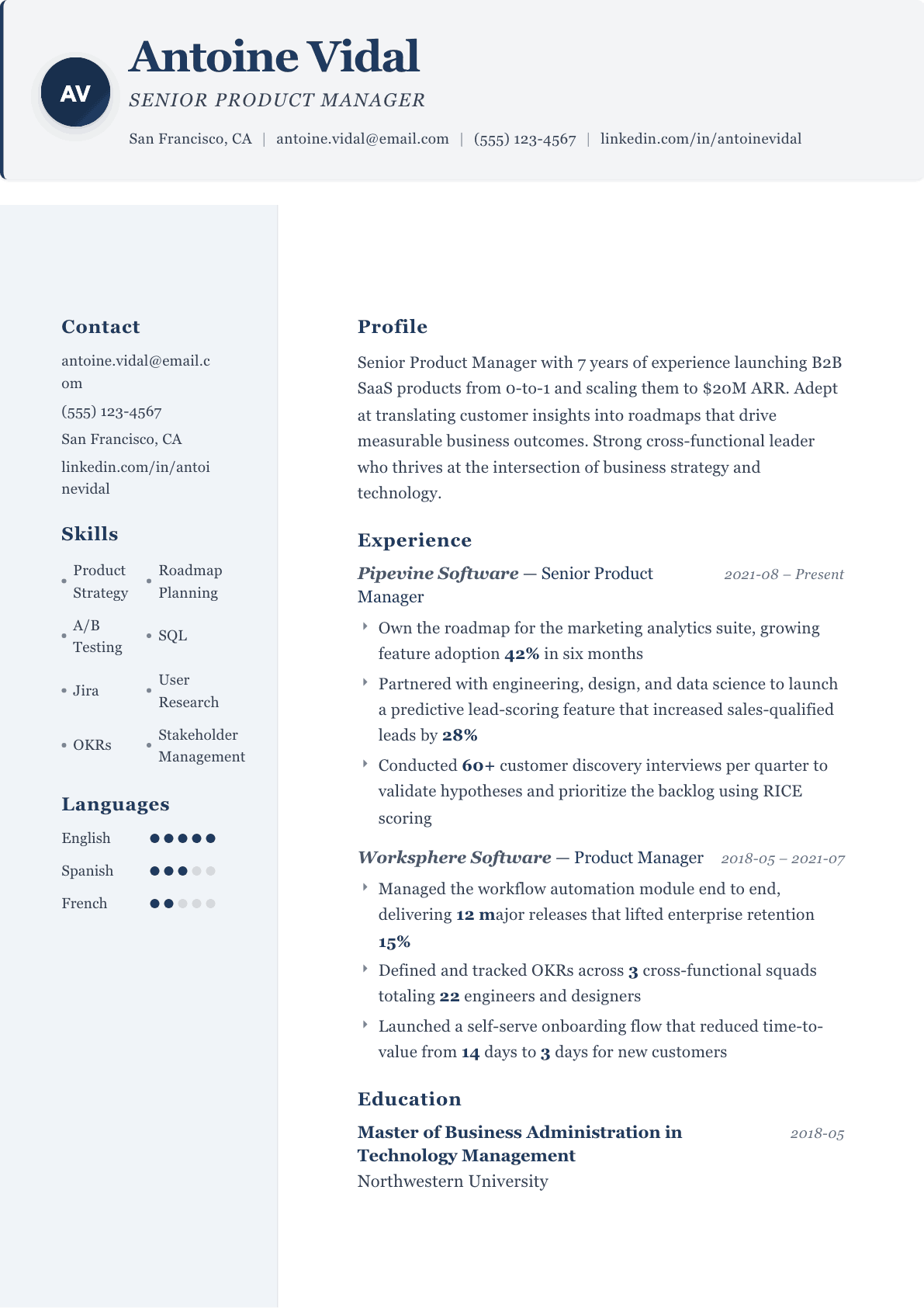Product Manager resume example, Formal template