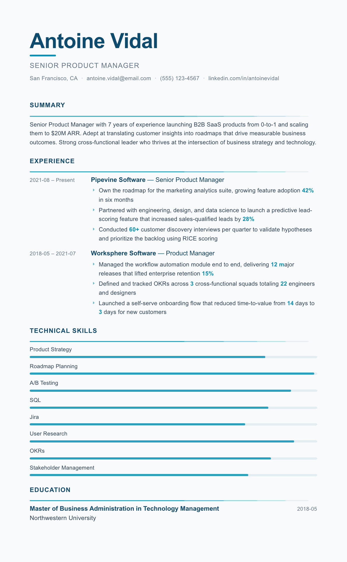 Product Manager resume example, Velocity template