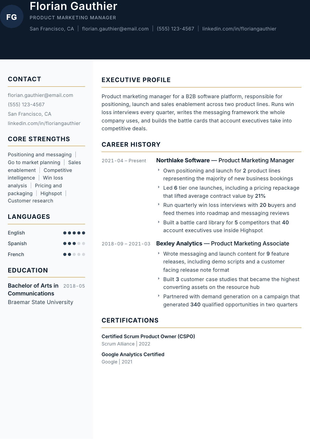 Product Marketing Manager resume example, Consulate template