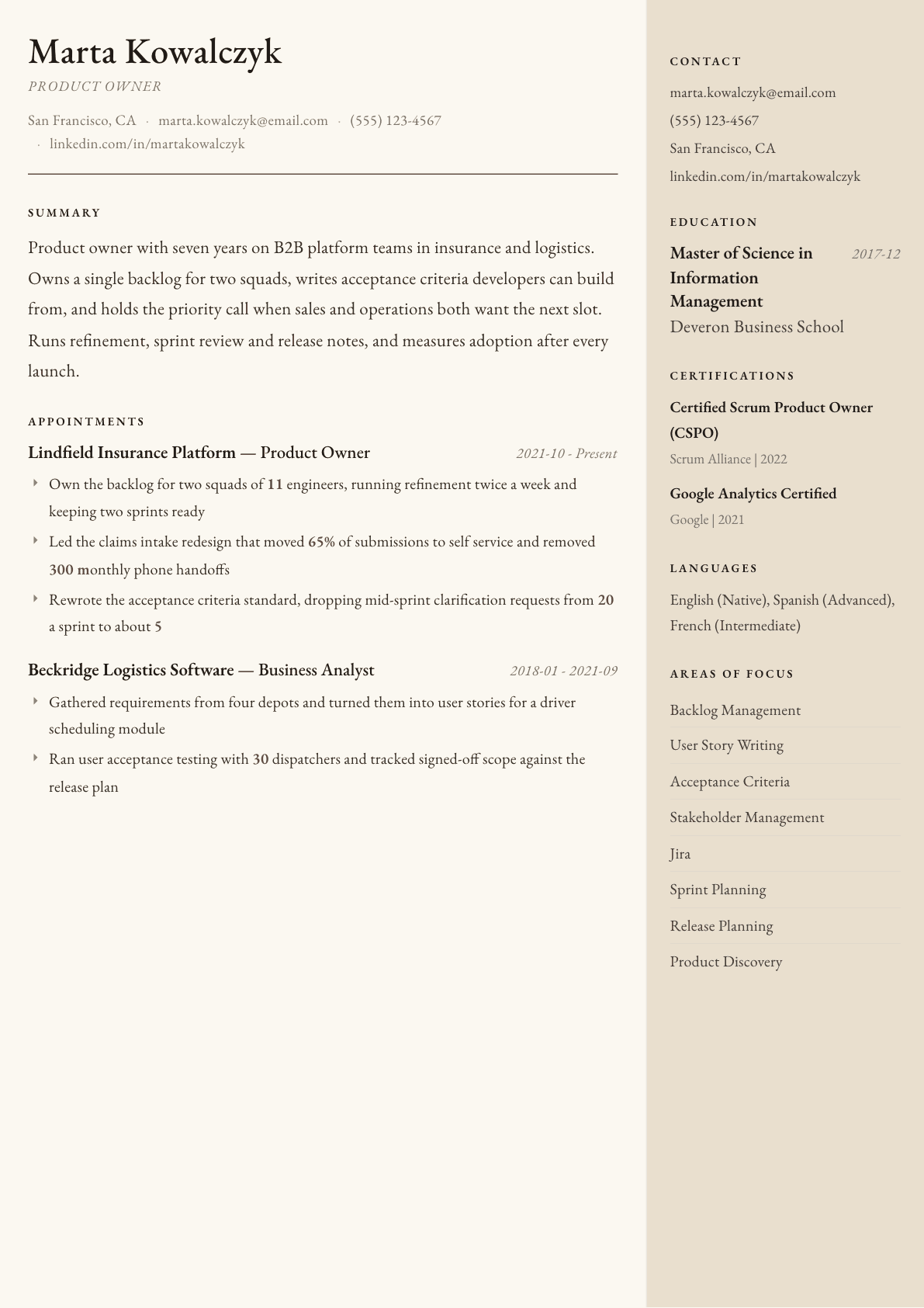 Product Owner resume example, Manuscript template