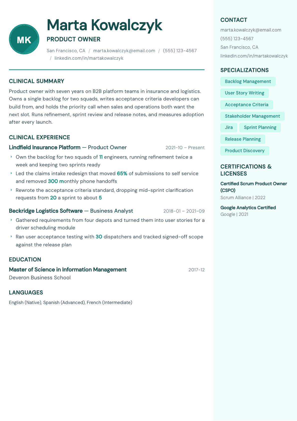 Product Owner resume example, Remedy template