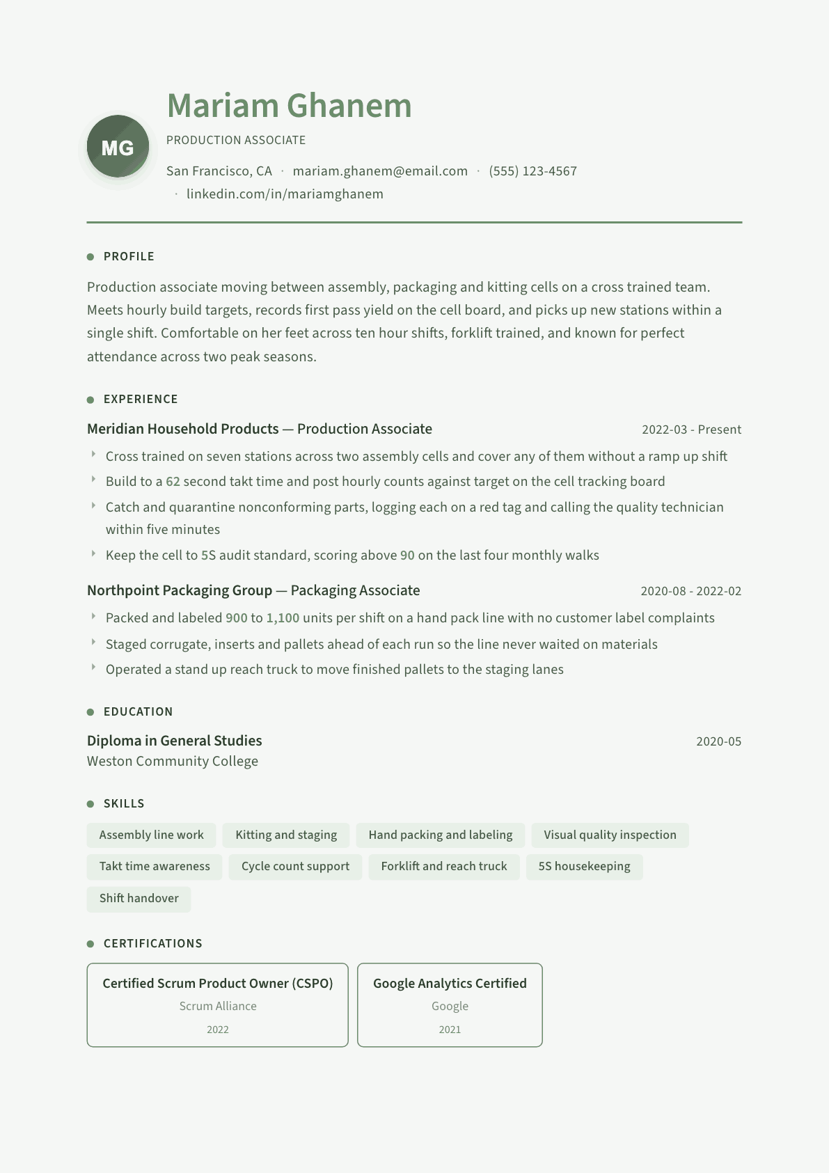 Production Associate resume example, Sage Garden template