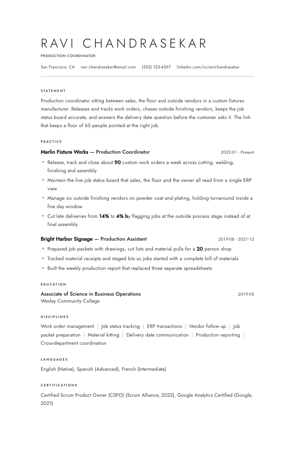 Production Coordinator resume example, Atelier template