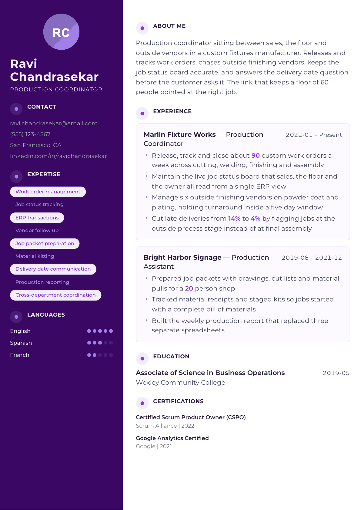 Production Coordinator resume example, Palette template