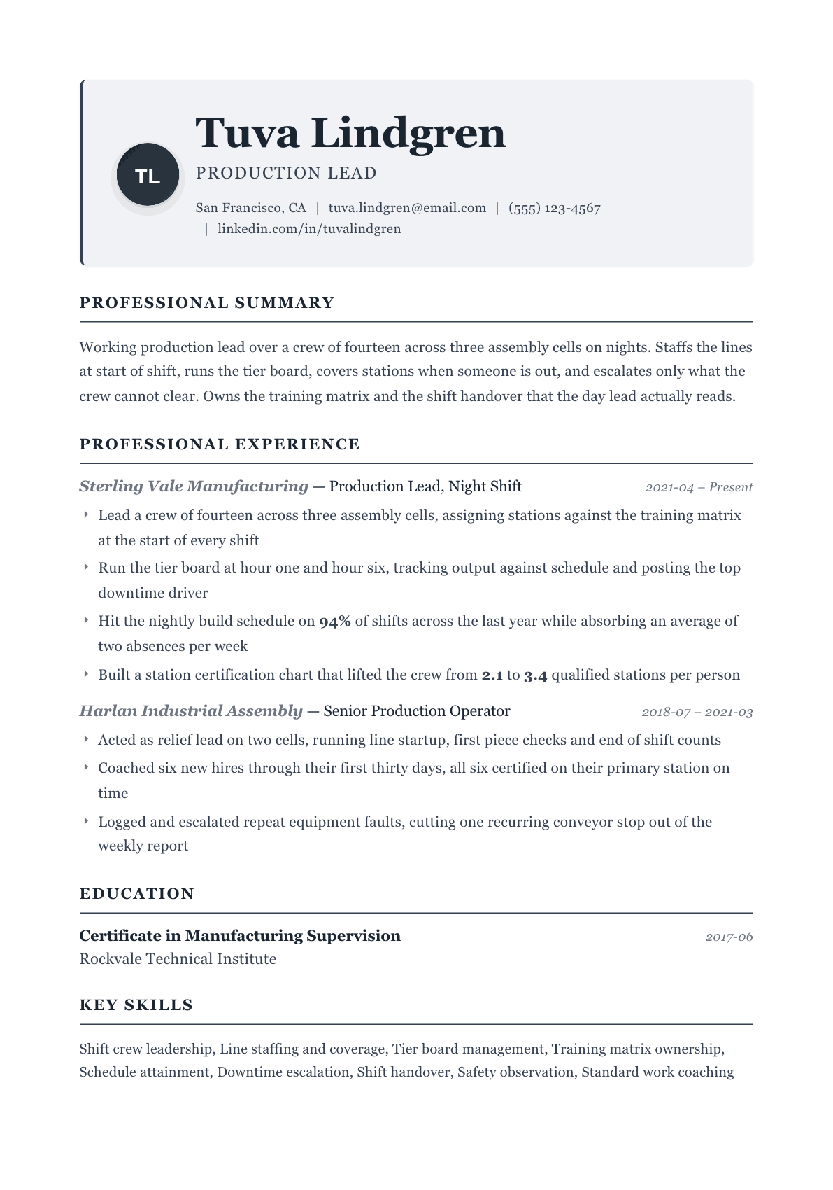 Production Lead resume example, Traditional template