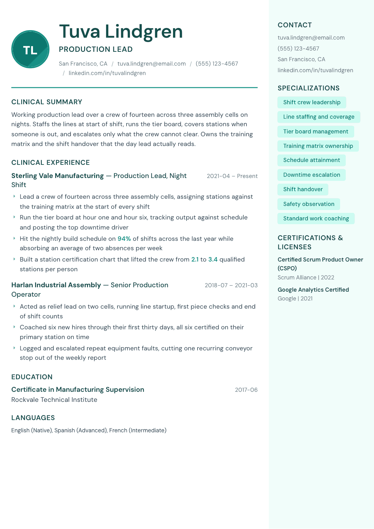 Production Lead resume example, Remedy template