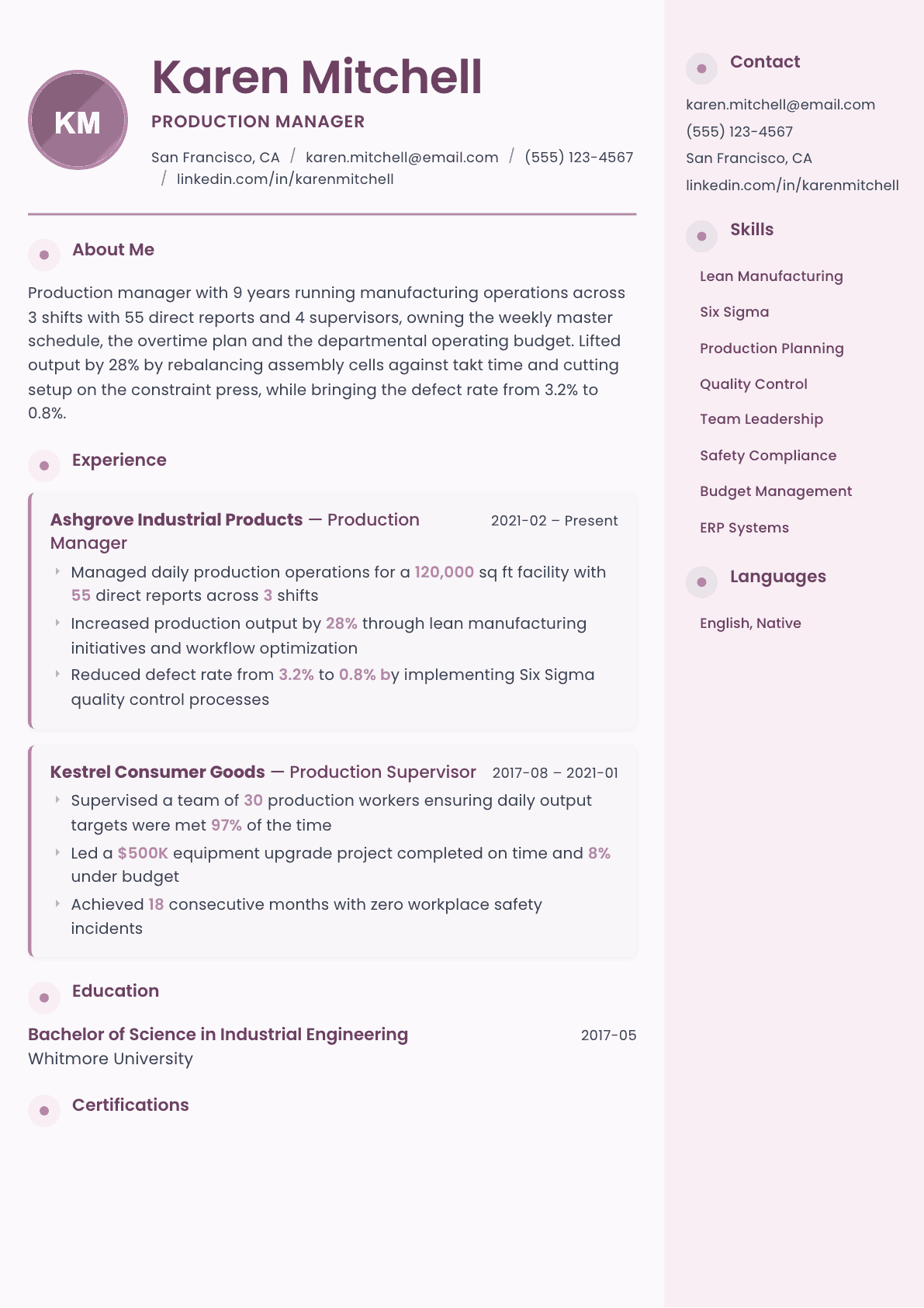 Production Manager resume example, Bloom template
