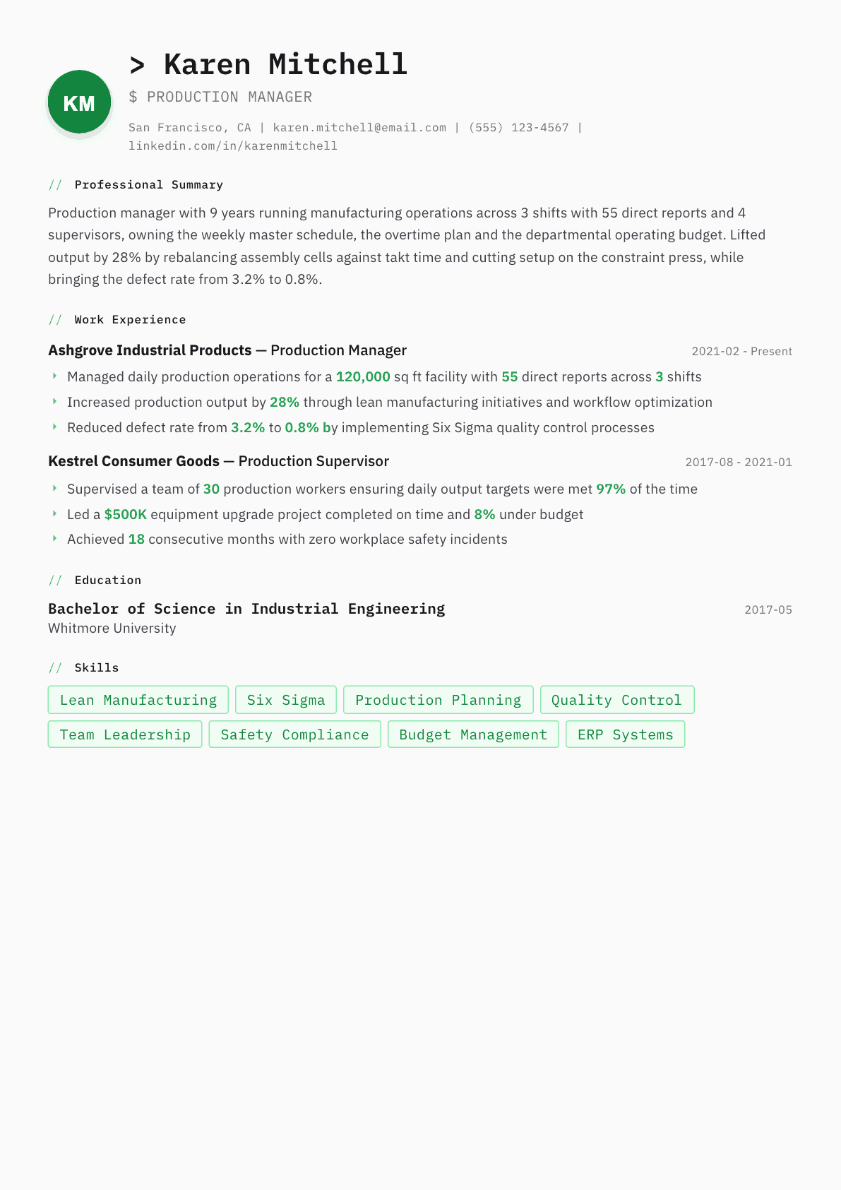 Production Manager resume example, Amsterdam template