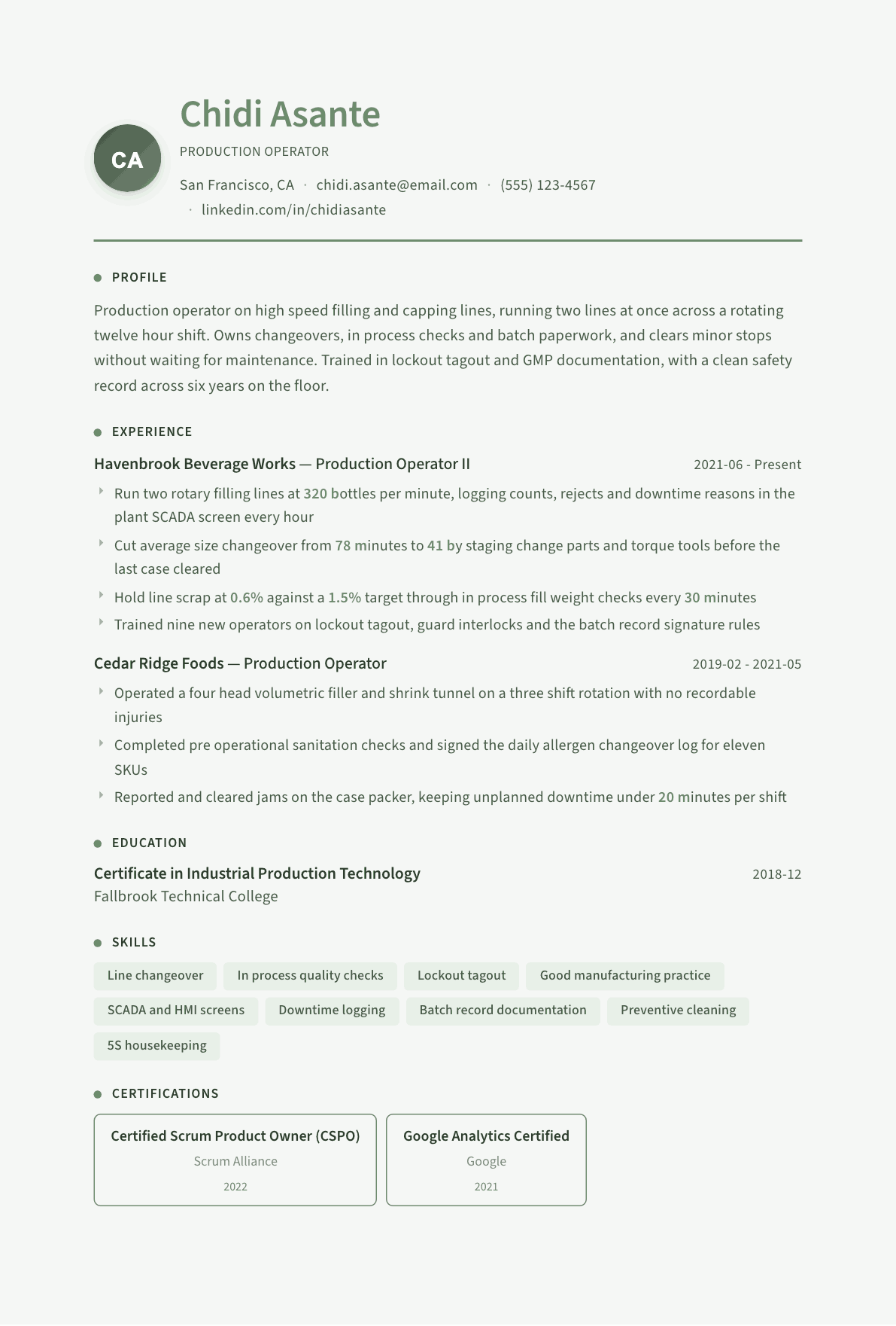 Production Operator resume example, Sage Garden template