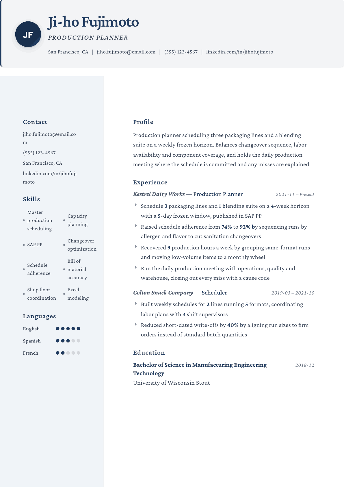 Production Planner resume example, Formal template
