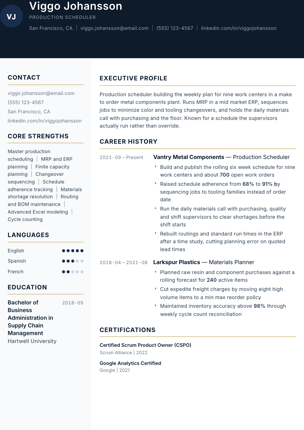 Production Scheduler resume example, Consulate template