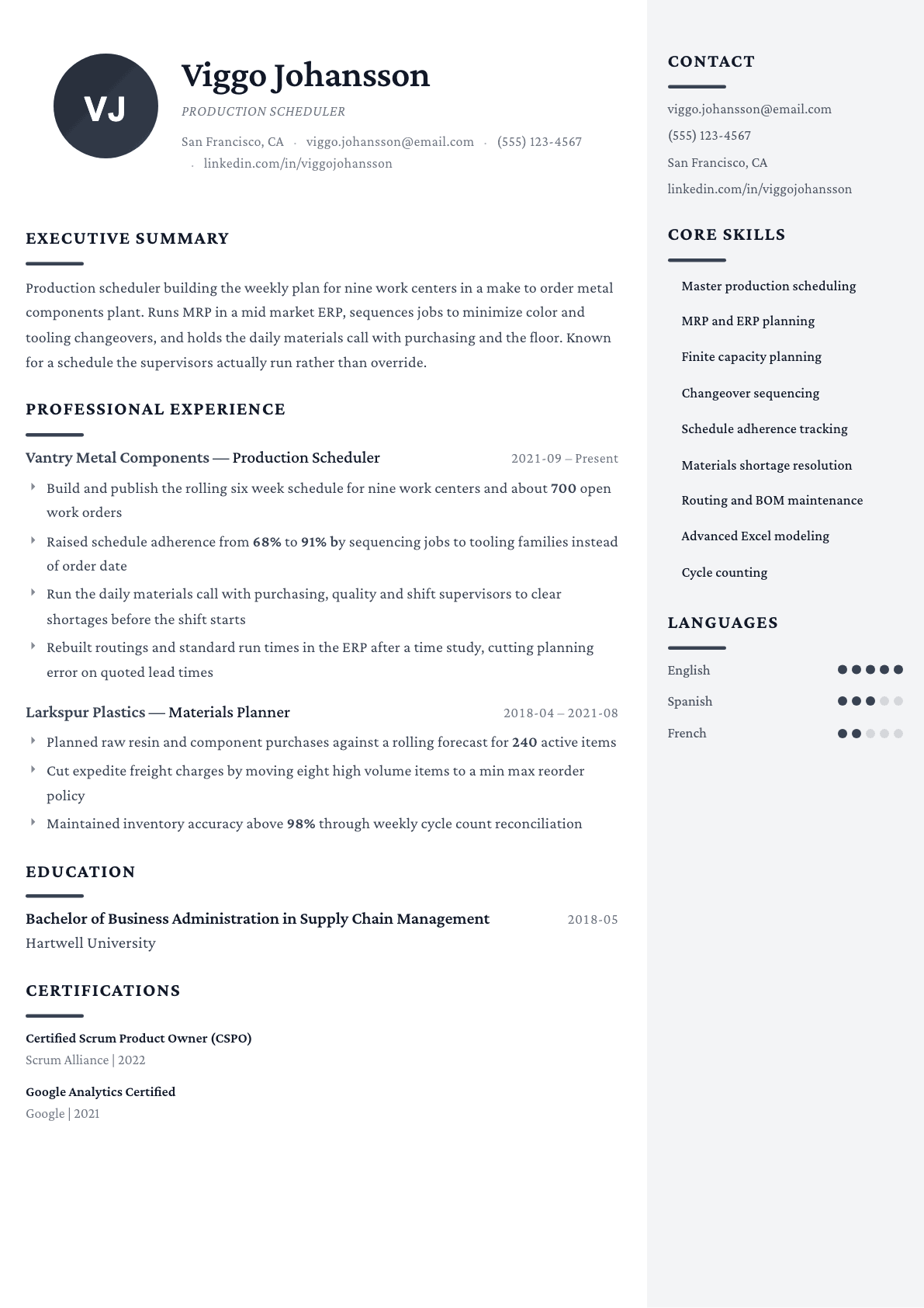 Production Scheduler resume example, Monarch template