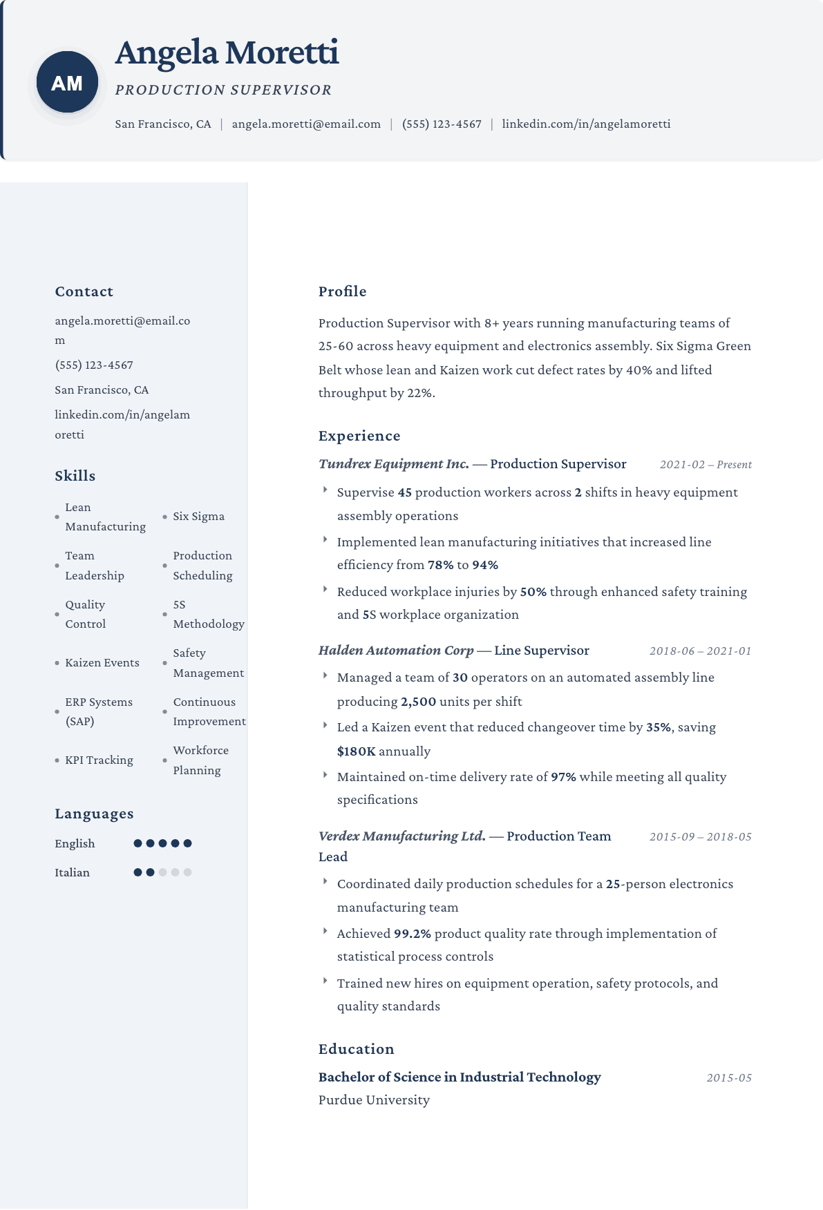 Production Supervisor resume example, Formal template