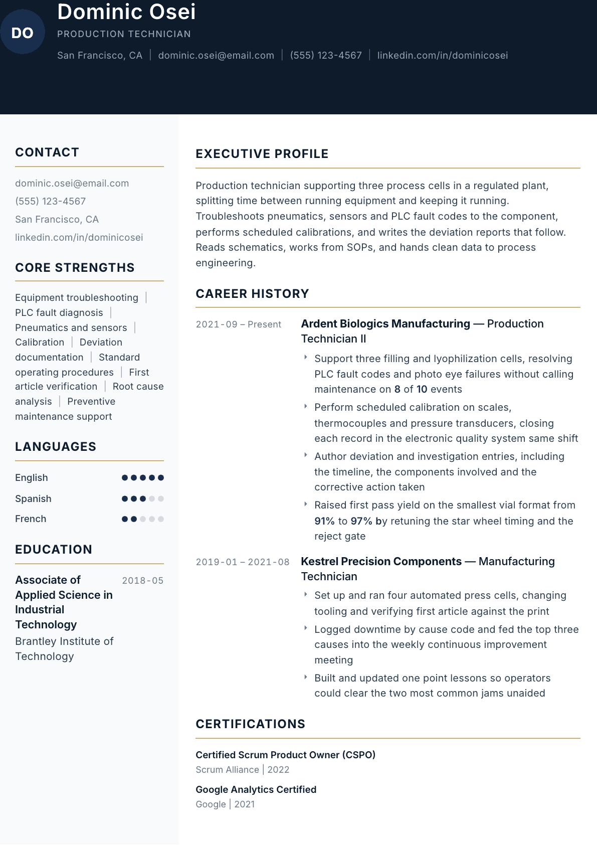 Production Technician resume example, Consulate template