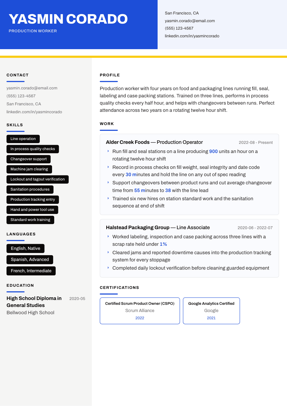Production Worker resume example, Kontrast template