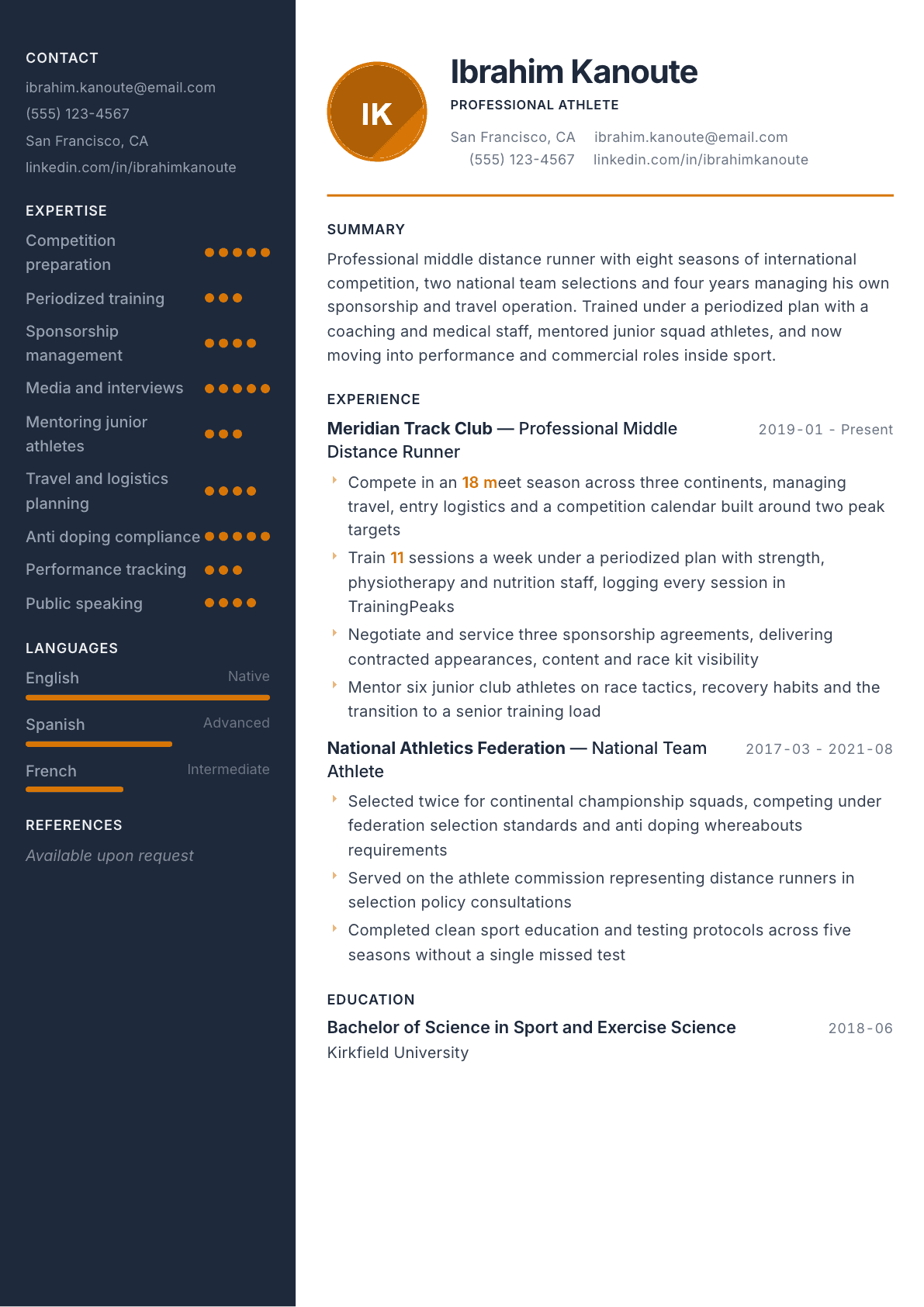 Professional Athlete resume example, Copper & Slate template