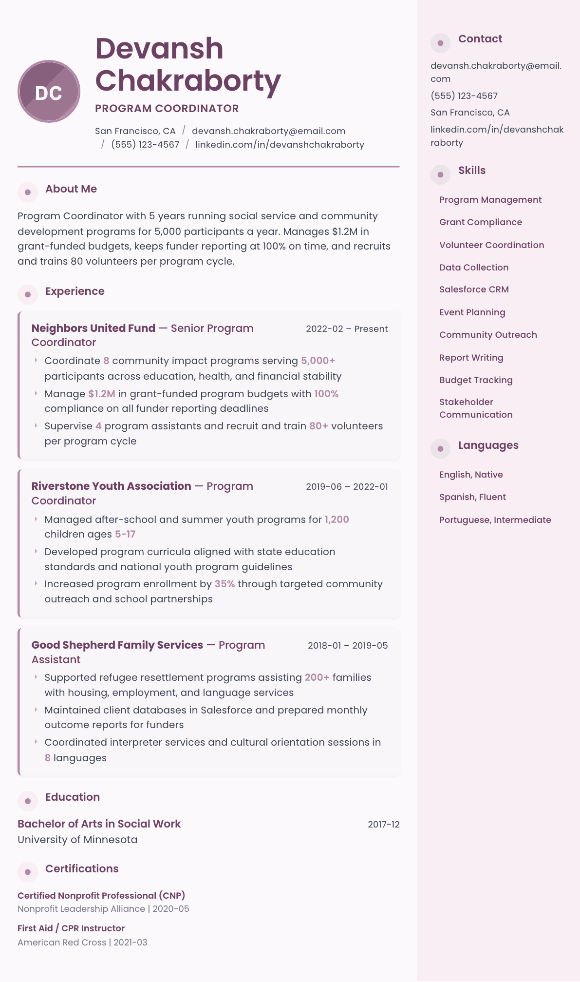Program Coordinator resume example, Bloom template