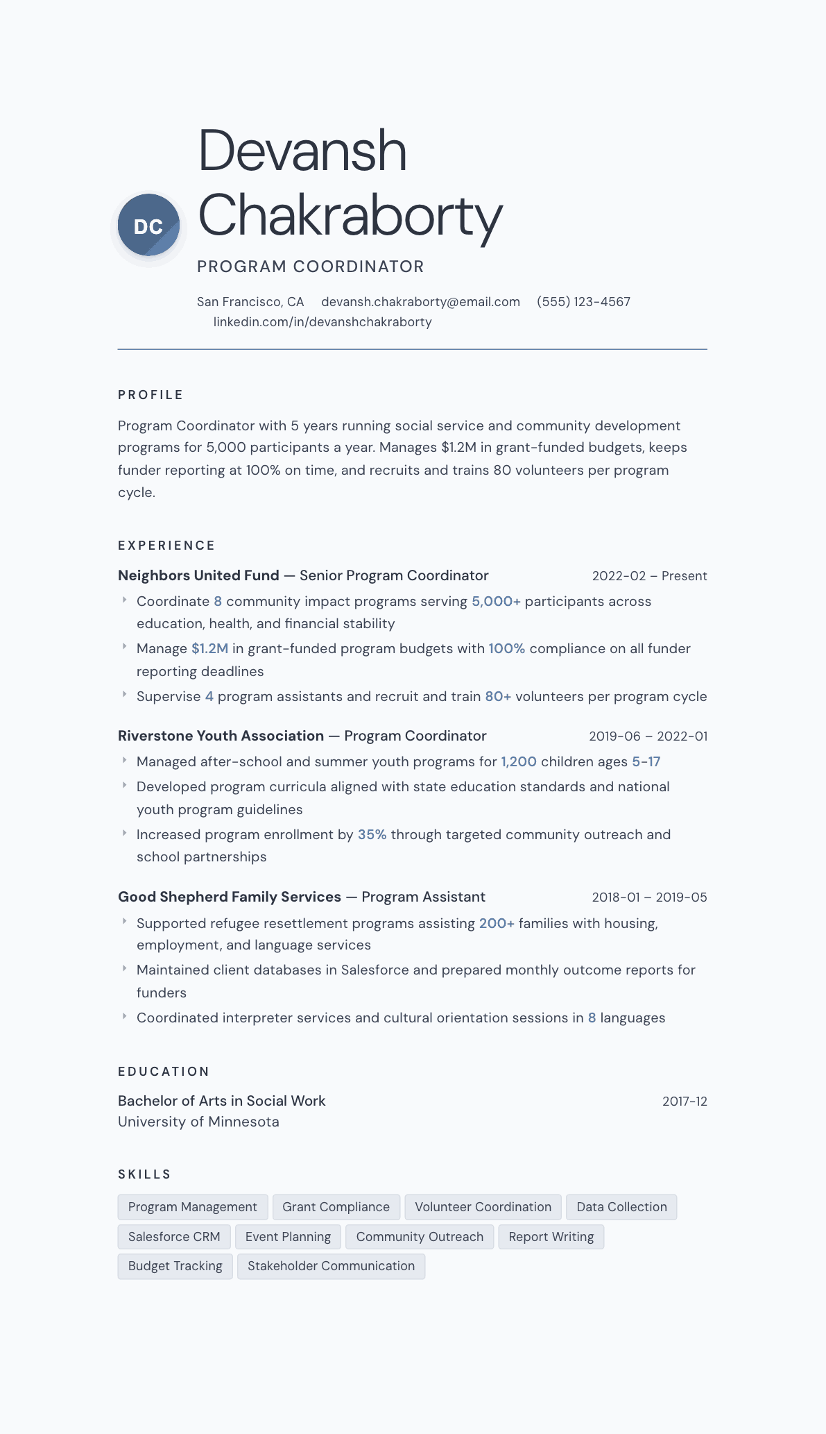 Program Coordinator resume example, Nordic template