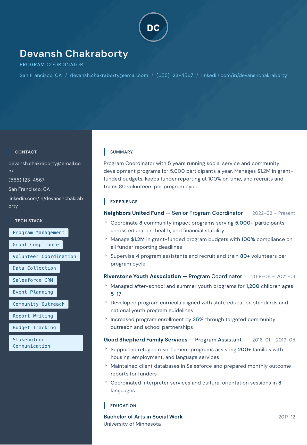 Program Coordinator resume example, Prism template