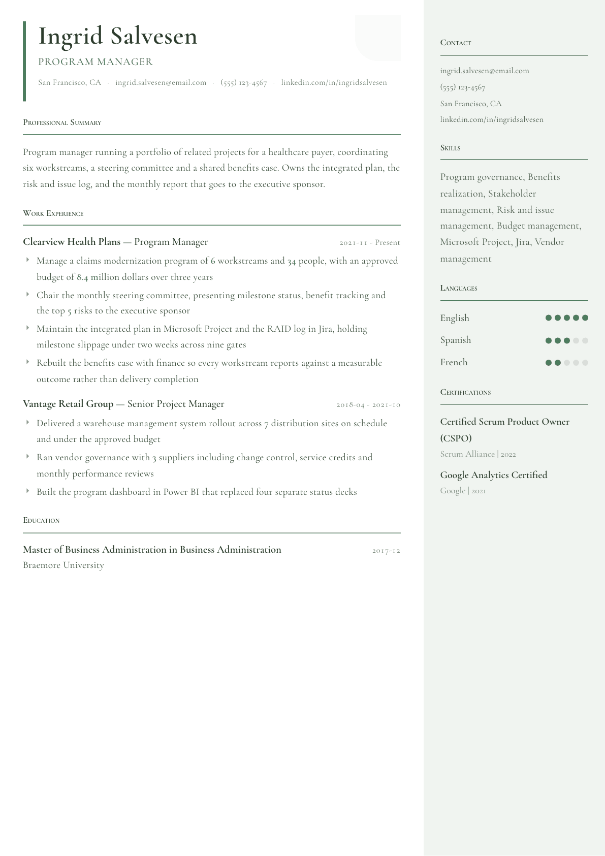Program Manager resume example, Copenhagen template