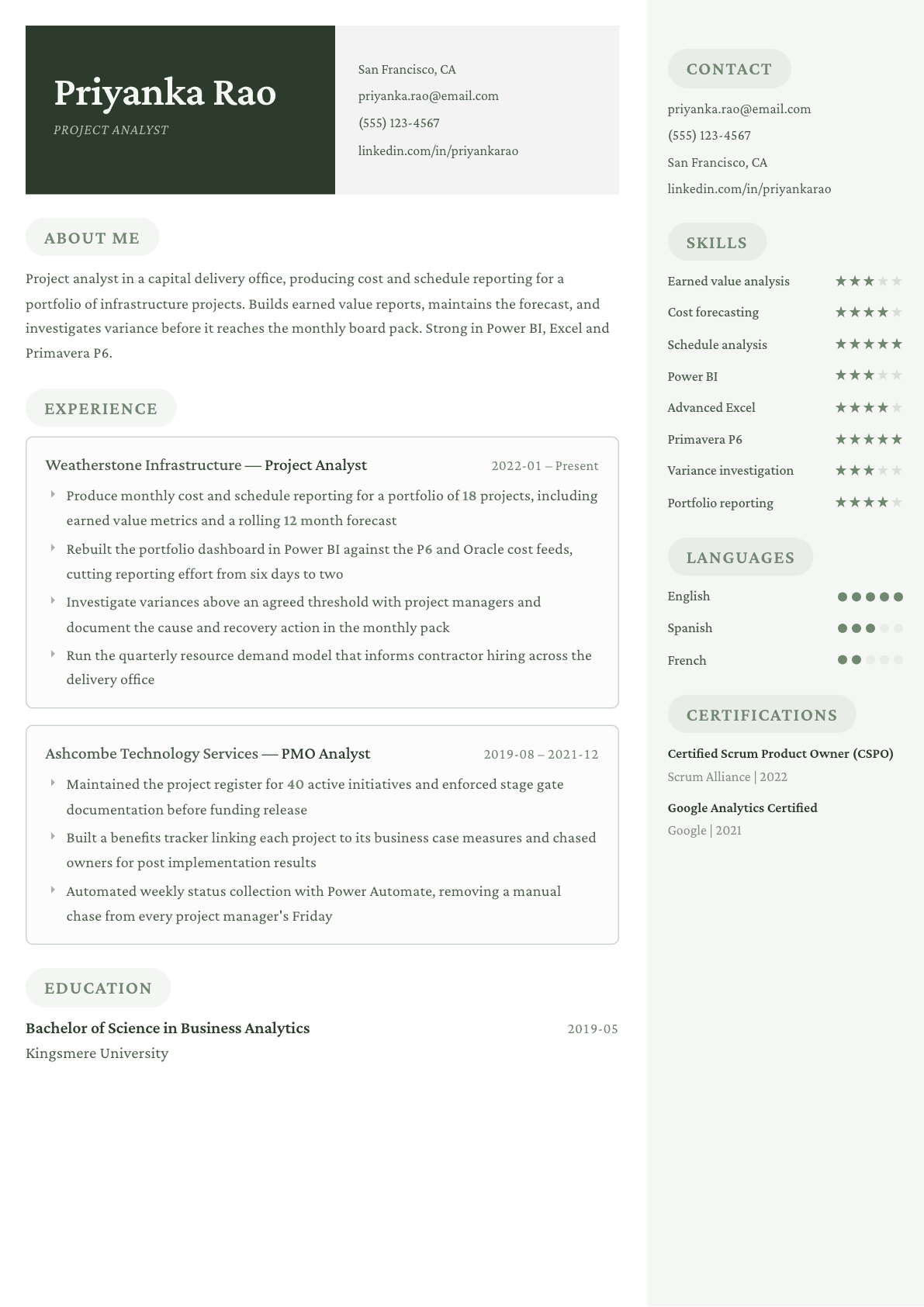 Project Analyst resume example, Mayfair template
