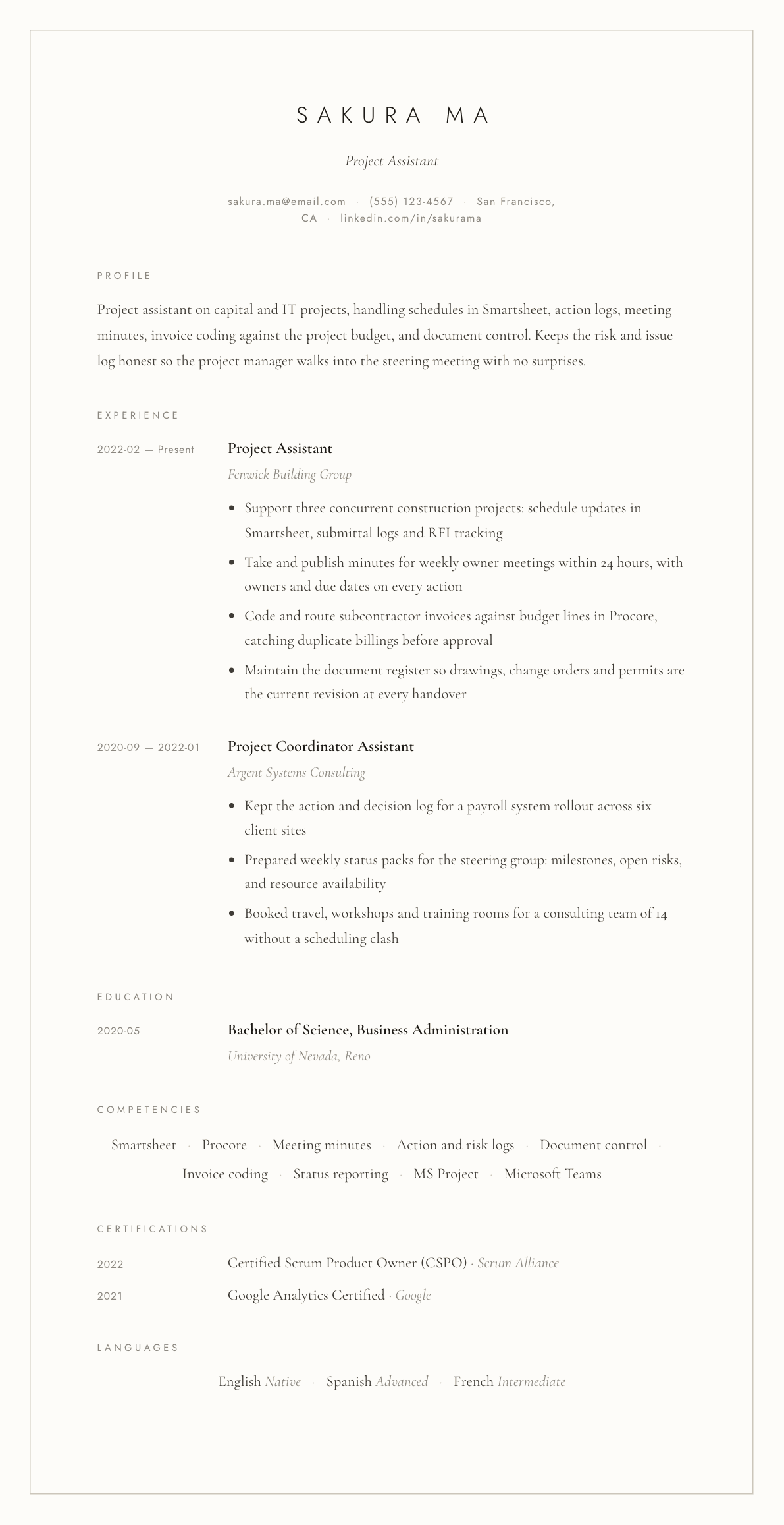 Project Assistant resume example, Vellum template
