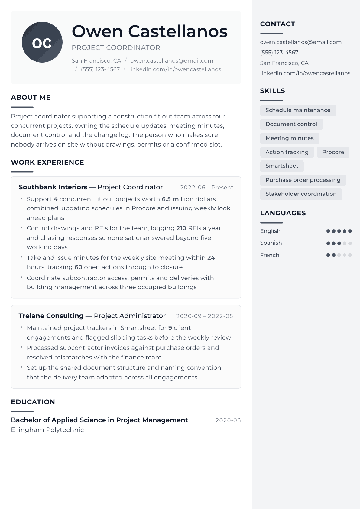 Project Coordinator resume example, Metropolitan template