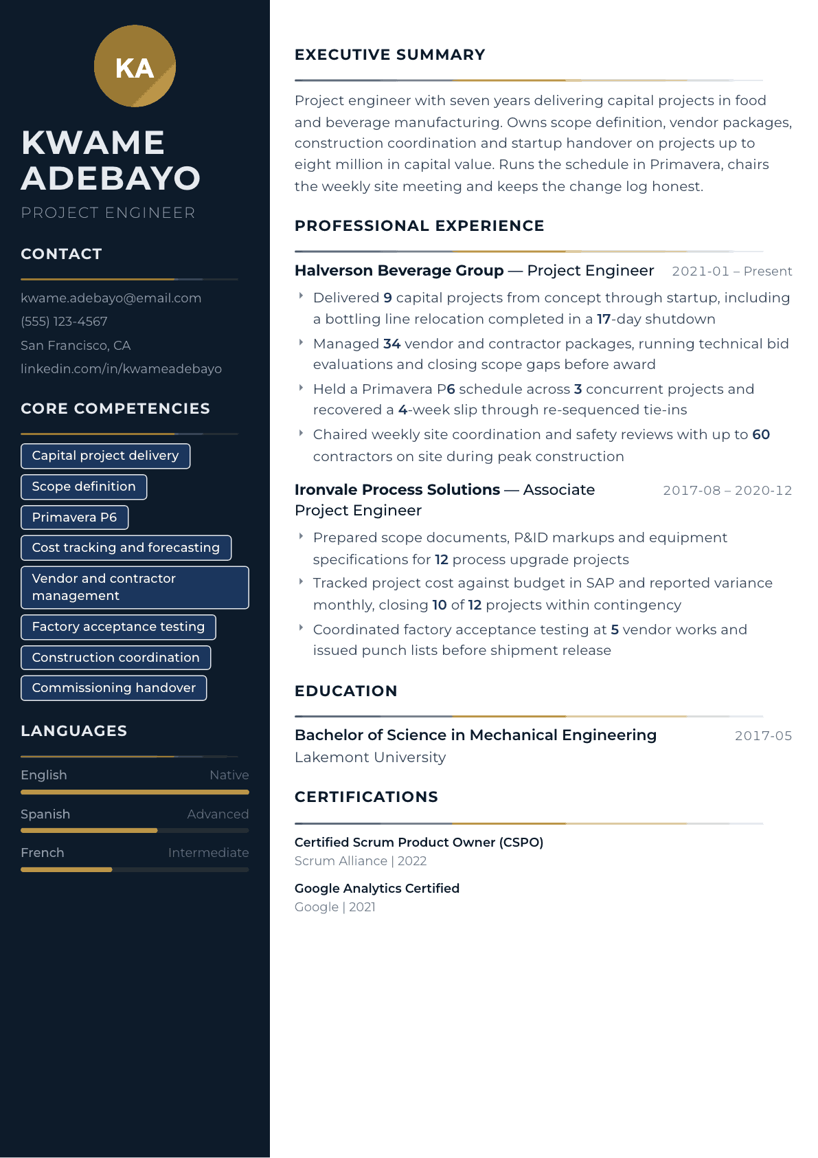 Project Engineer resume example, Catalyst template