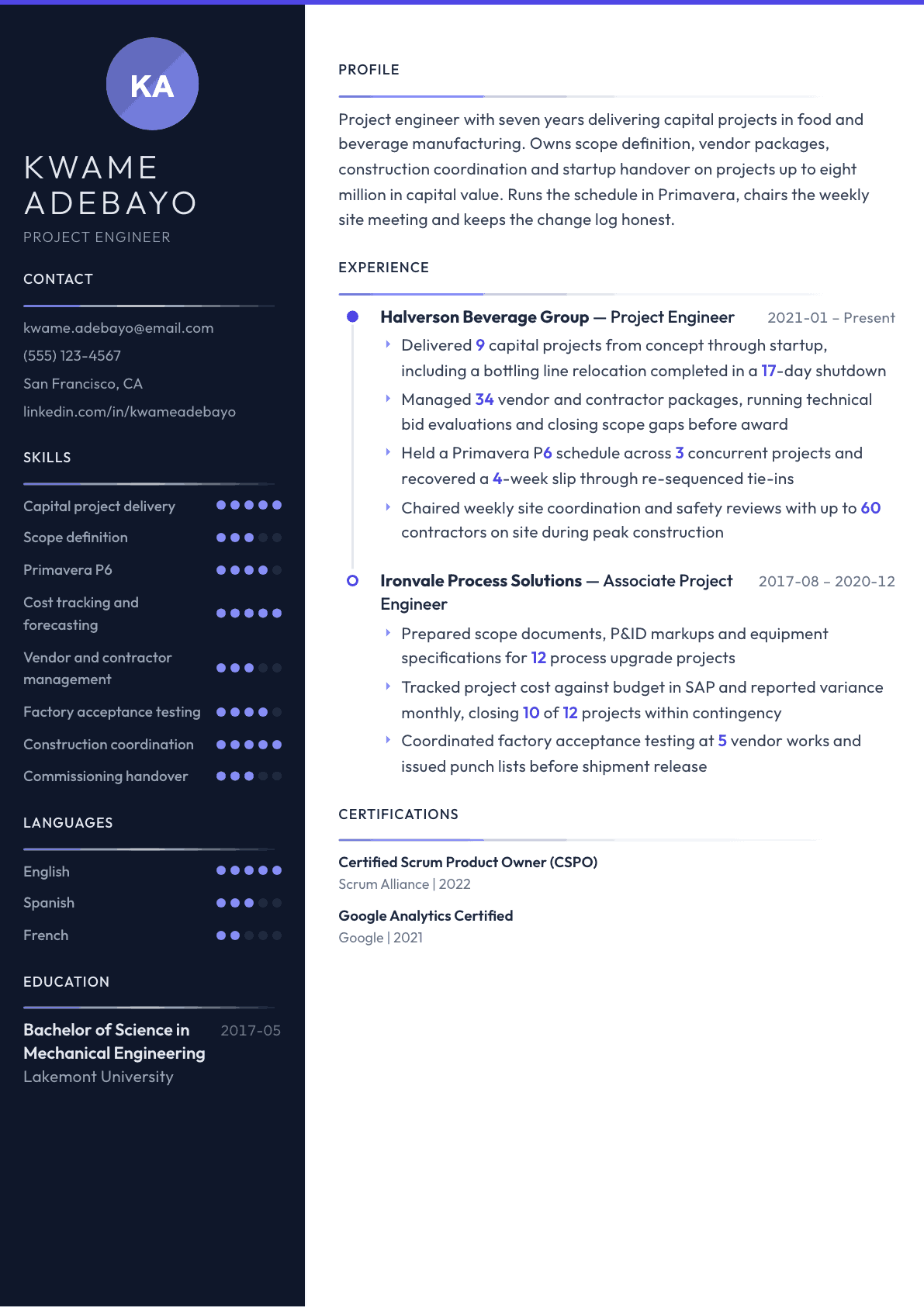 Project Engineer resume example, Zenith template