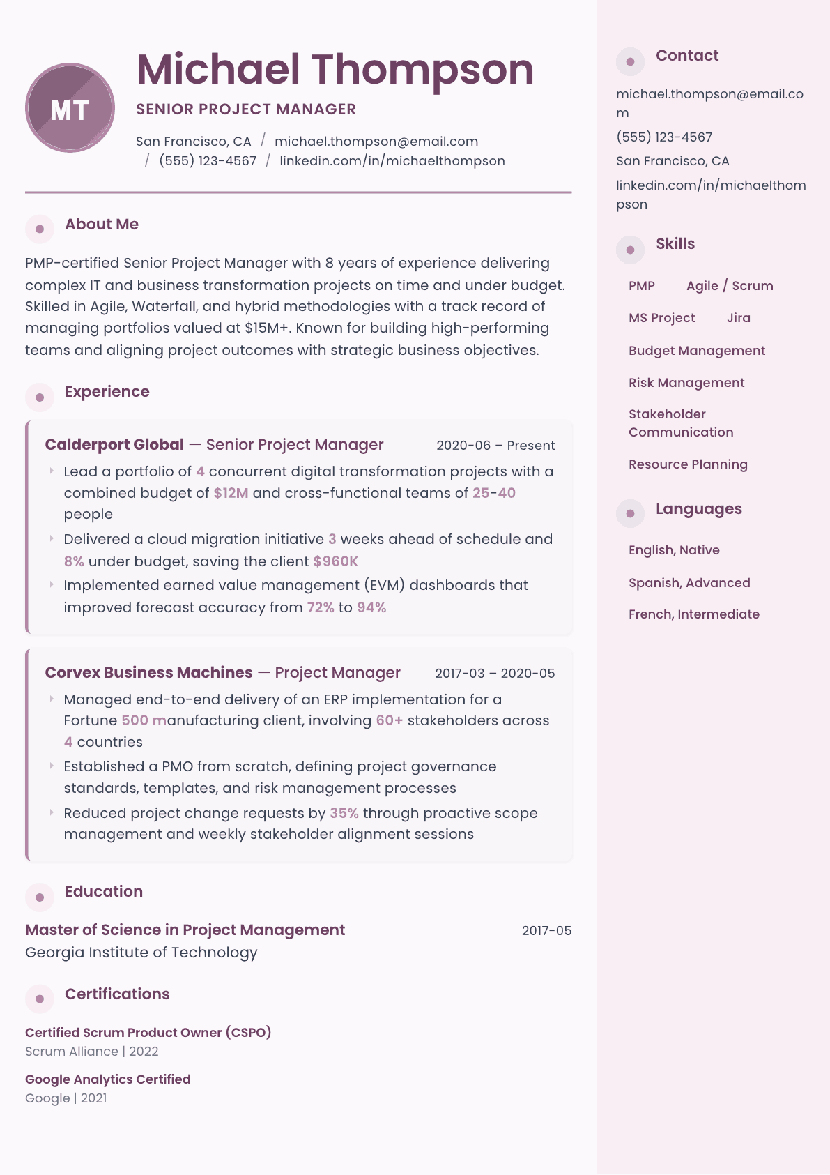 Project Manager resume example, Bloom template