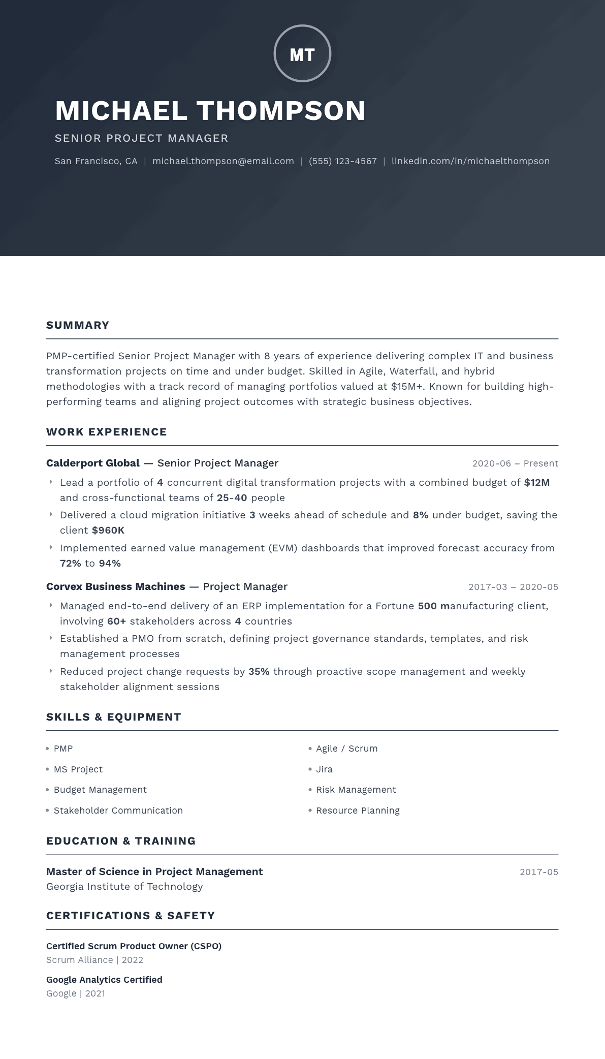Project Manager resume example, Foundation template