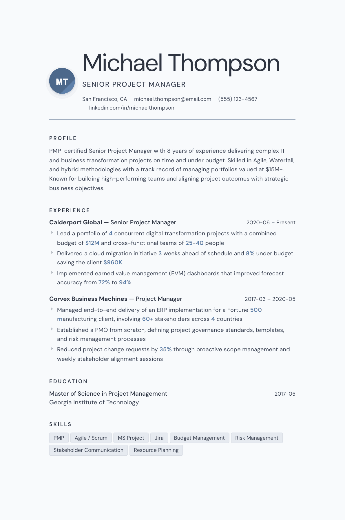 Project Manager resume example, Nordic template