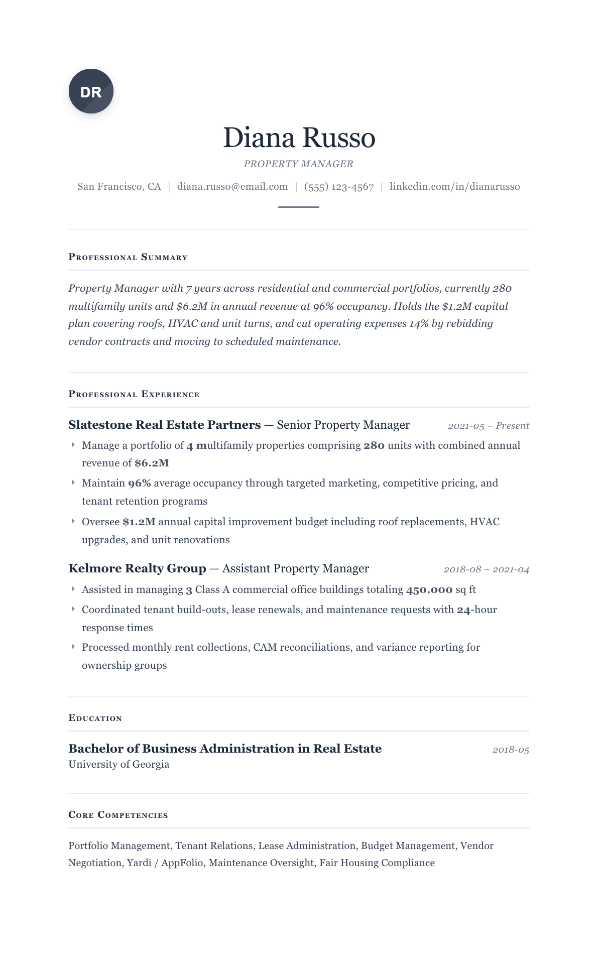 Property Manager resume example, Cornerstone template