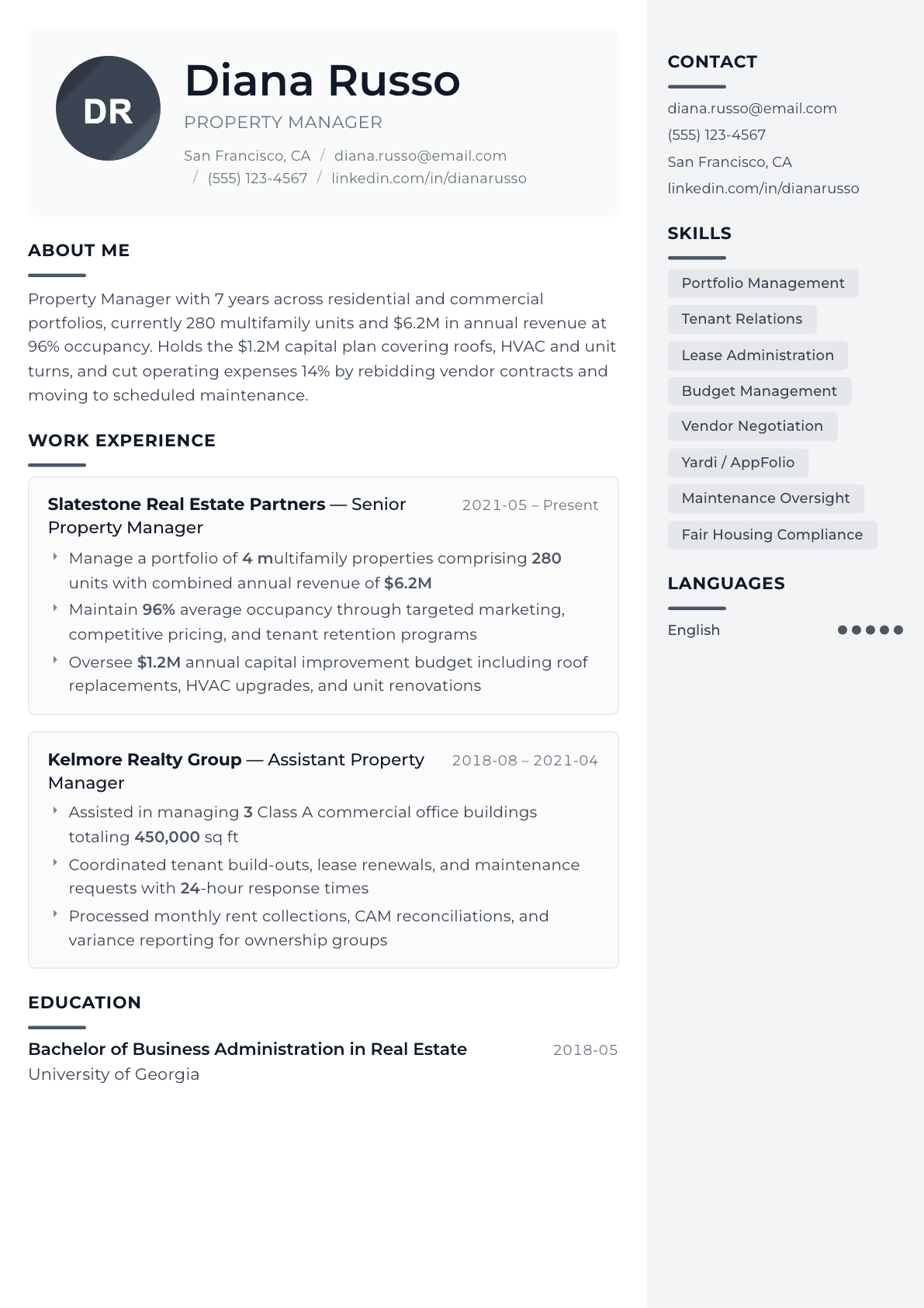 Property Manager resume example, Metropolitan template