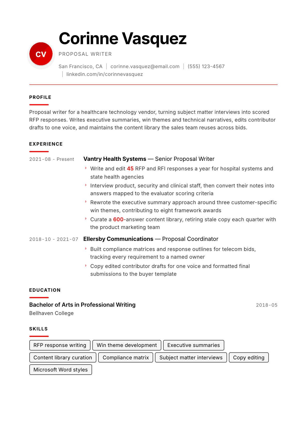 Proposal Writer resume example, Swiss Modernist template