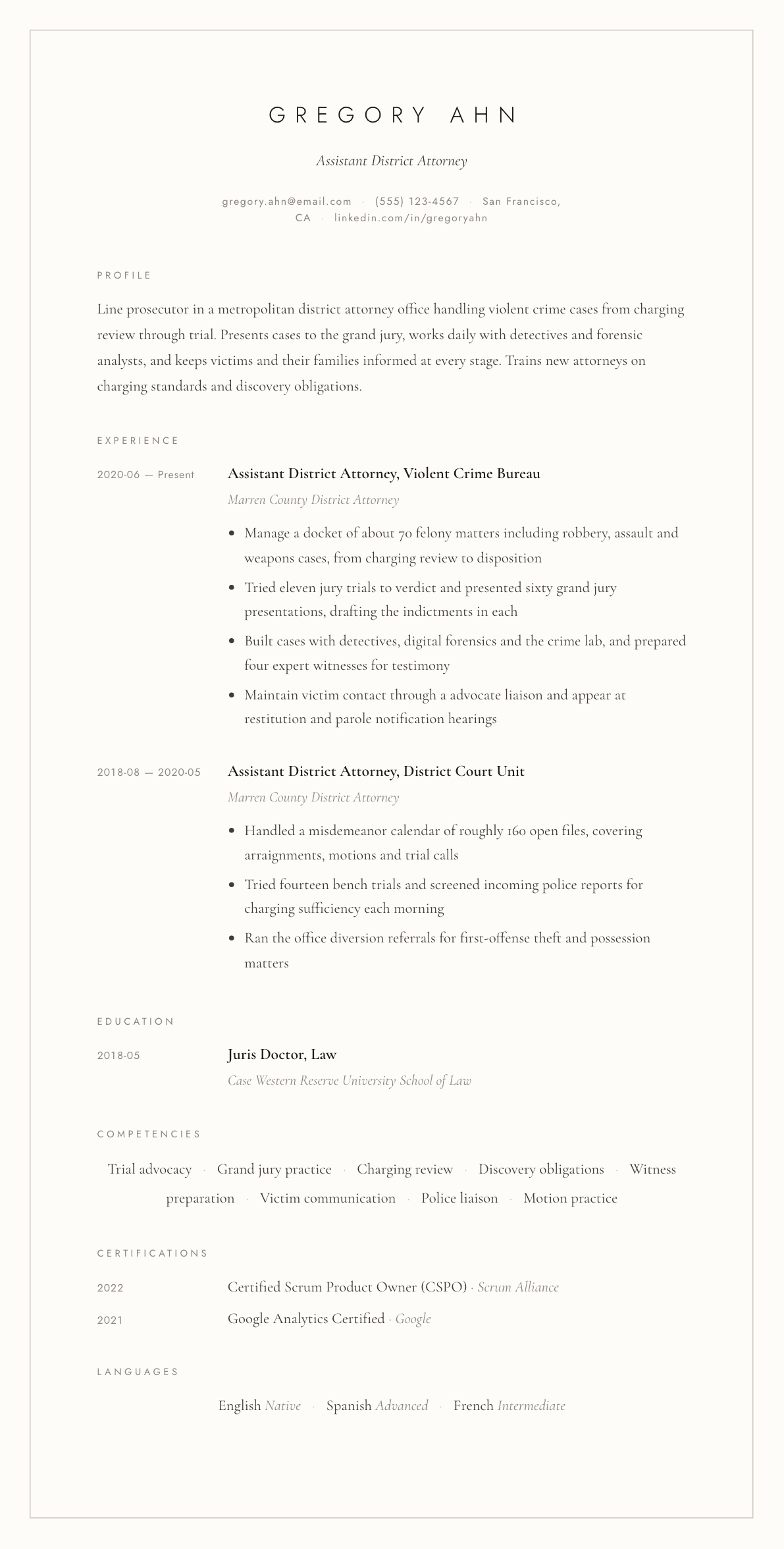 Prosecutor resume example, Vellum template