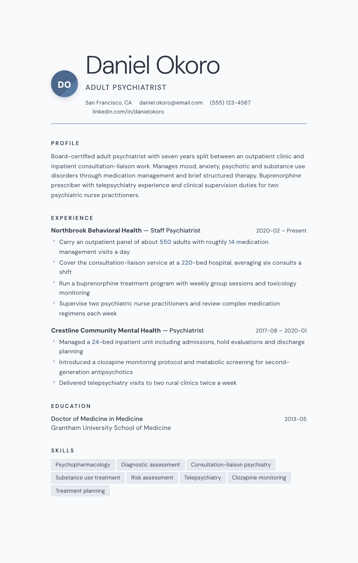 Psychiatrist resume example, Nordic template