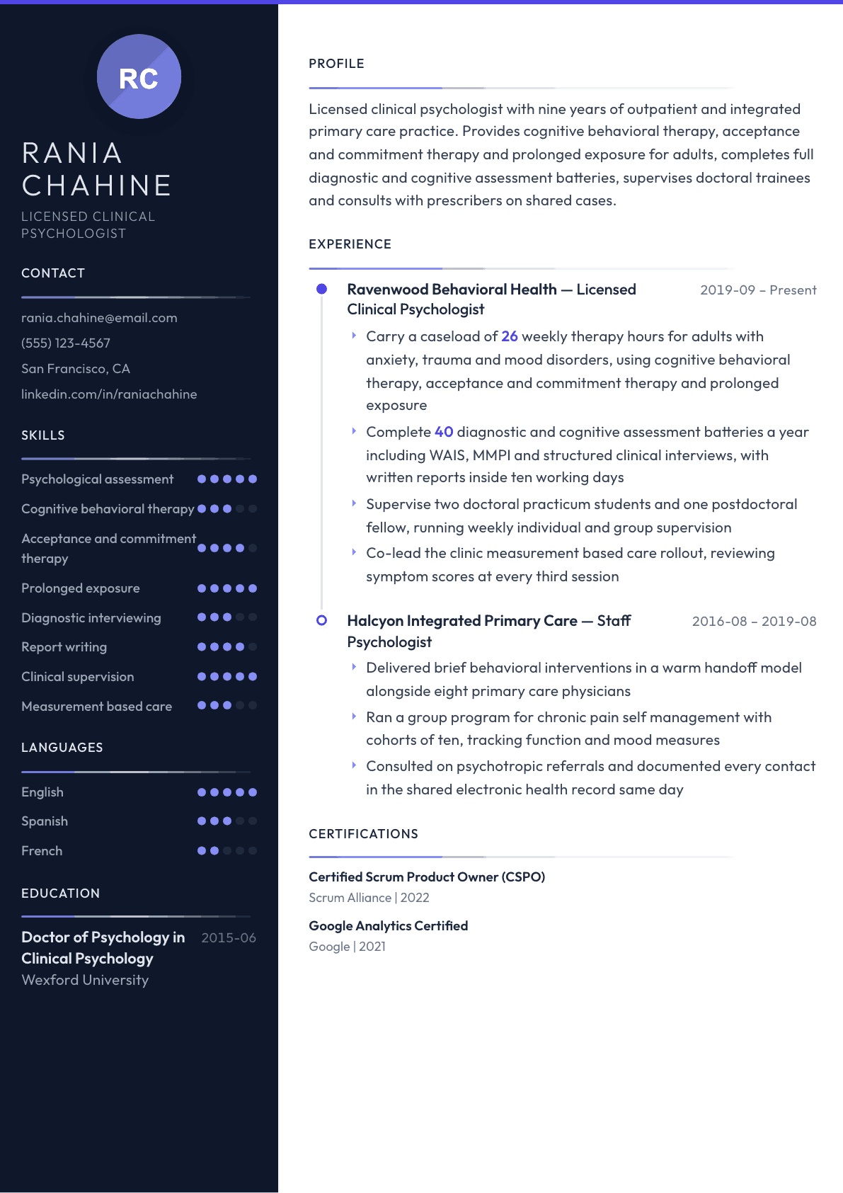 Psychologist resume example, Zenith template