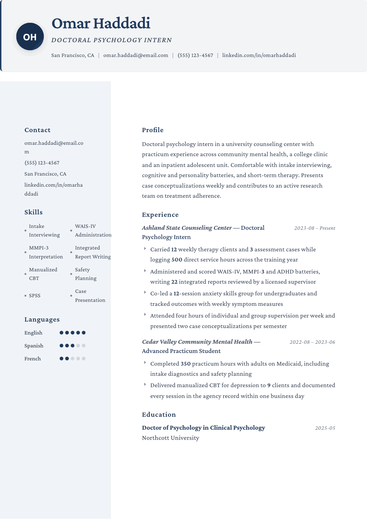 Psychology Intern resume example, Formal template