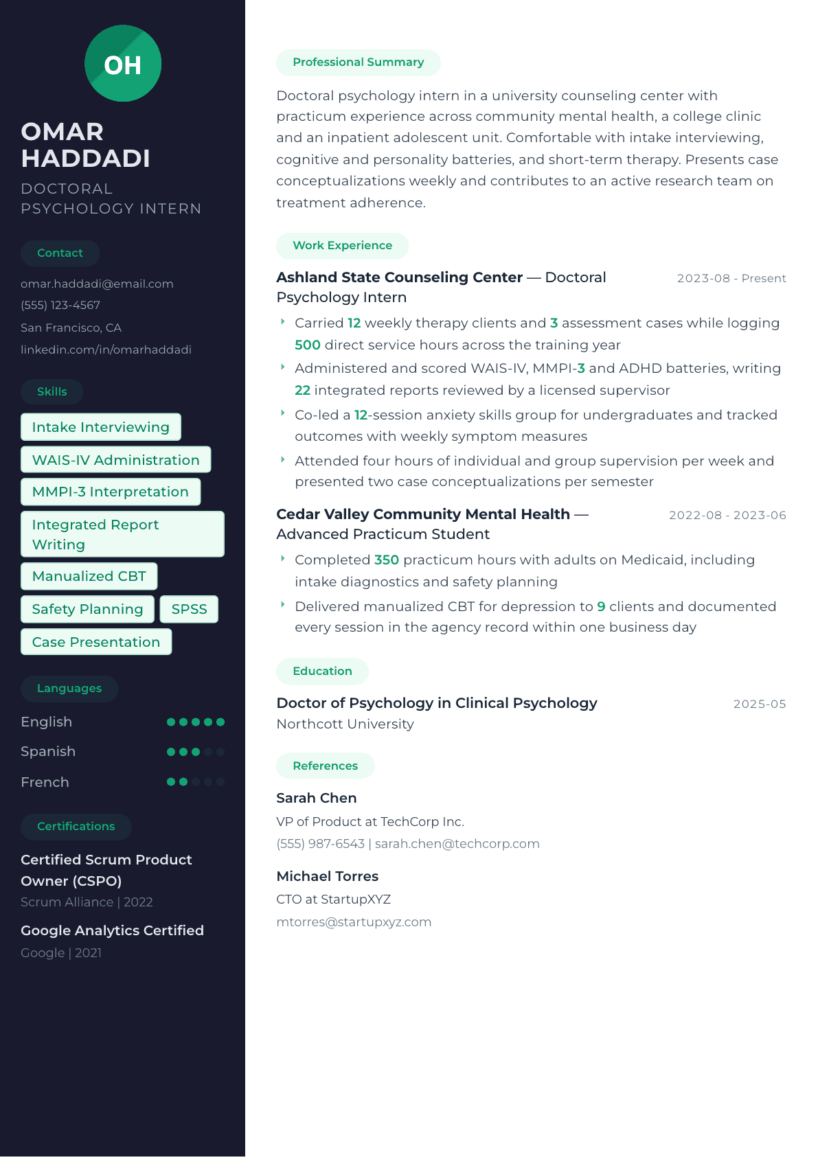 Psychology Intern resume example, Oslo template