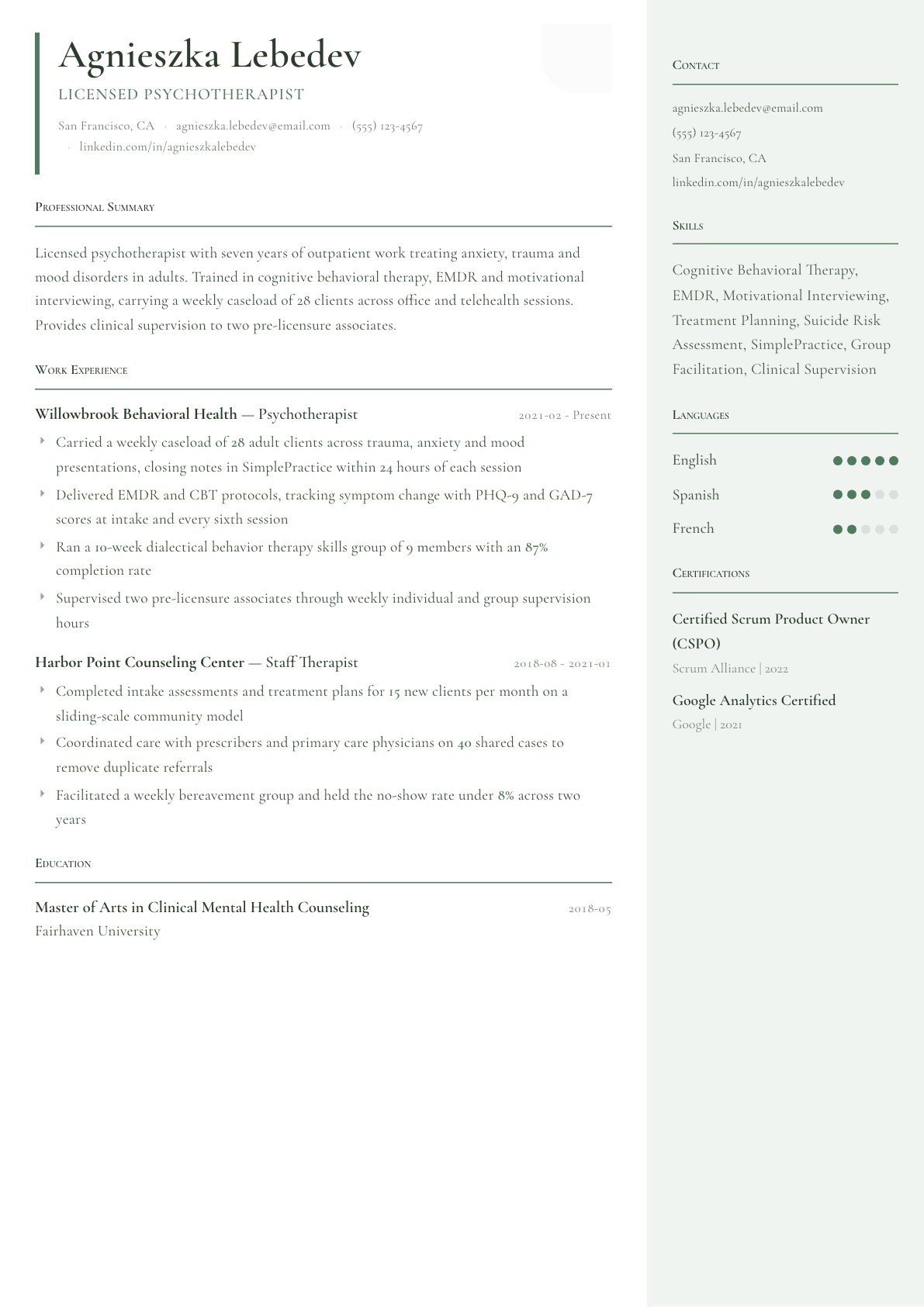 Psychotherapist resume example, Copenhagen template